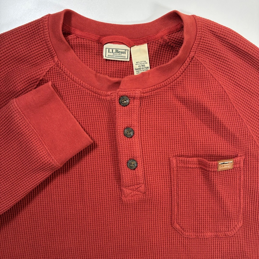 LL Bean BeanBuilt Waffle Henley Shirt Large Red Knit Pocket Hiking
